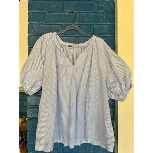 Old Navy Blue White‎ Striped Blouse Top V Neck Short Sleeve Flowy Womens